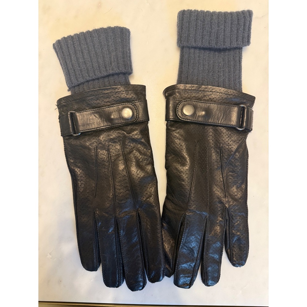 Portolano Mens Black Leather Perforated Gloves Gray Knit Cuff Snap Wrist Straps